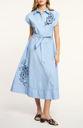 Cinq &agrave; Sept Callie Floral Appliqu&eacute; Stripe Midi Shirtdress in Blue Wisteria Multi at Nordstrom, Size 12