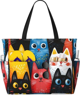 Generic Cute Cat Print Large Beach Bag Foldable Travel Shoulder Tote Bag With Pocket For Weekender Pool Vacation