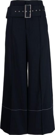 Celine belted wide-legged trousers - women - Wool/Polyester/Cotton - 38 - Blue