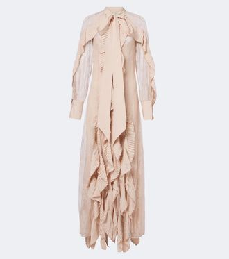 Blumarine Abito lungo in pizzo con volant e fiocco