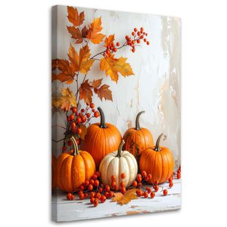 Feeby Cuadro Sobre Lienzo, Composici&oacute;n Oto&ntilde;al Con Calabazas Decoraci&oacute;n En Colores C&aacute;lidos Con Hojas Y Bayas De Serbal, 80x120