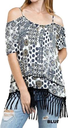 Greek Archaic Kori Off The Shoulder Fringe Top In Blue Mix
