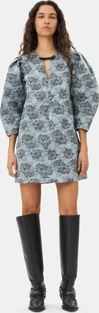 Ganni Blue Floral Jacquard A-Line Mini Dress in Illusion Blue Size 10 Womens