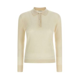 Max Mara Cashmere Knitwear, female, White, Size: L Polo A Coste Con Bottoni