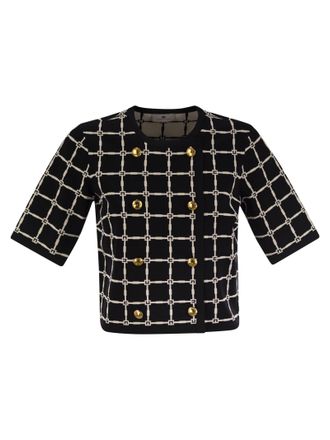 Elisabetta Franchi Jacquard Logo Cardigan mit goldenen Knöpfen