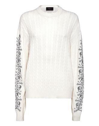 Philipp Plein Cash Five Pullover Round Neck LS Cable Crystal Skull