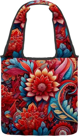Generic Red Fortune Flowers Reversible Canvas Shoulder Tote - Double-Sided Print, 12oz Cotton, 27cm Drop, Fold-Flat Bag for Travel, Shopping, Street Outings