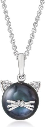 Ross-Simons 9-9.5mm Black Cultured Pearl Cat Pendant Necklace With Diamond Accents in Sterling Silver