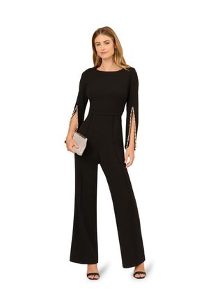 Adrianna Papell Womens Split Sleeve Crepe Jumpsuit - Black - Size 12 UK