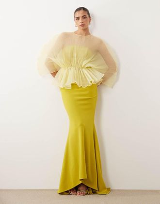 Asos Vestito lungo verde con corpino a pieghe in cr&ecirc;pe elasticizzato a contrasto