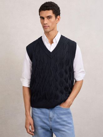 Reiss Navy Cable-knit V-neck Vest With Wool, XL