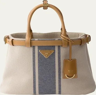 Prada Buckle Small Striped Canvas Top-Handle Bag