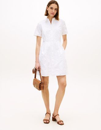Tommy Hilfiger Womens Embroidered Eyelet Poplin Shirtdress - White - XL