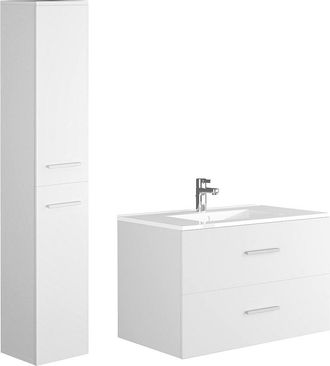 Vente-Unique Mueble de baño flotante con lavabo individual y columna de almacenamiento - Color blanco - 80 cm - KAYLA