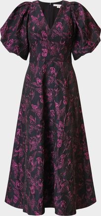 Kay Unger Grace Blouson-Sleeve Floral Jacquard Midi Dress