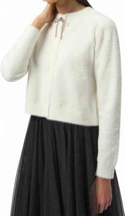 Joseph Ribkoff Feather Yarn Cardigan With Rhinestone Bow In Winter White