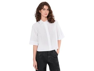 Vince Scallop Detail Short Sleeve Shirt Womens Clothing Optic White : MD, Cotton