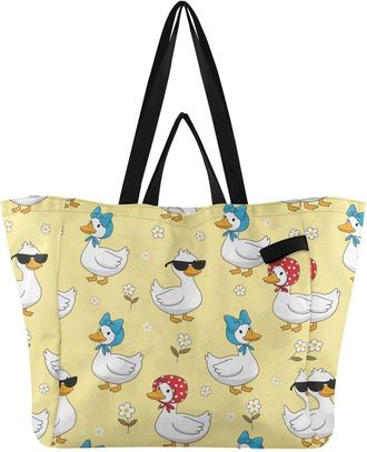 Generic Ducks Flower Yellow pattern Reusable Canvas Tote Bag, Heavy Duty Grocery Shopping Bag with Hard Bottom Double Handles Large Capacity Work Groceries Tr