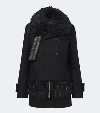 sacai Layered leather-trimmed wool coat
