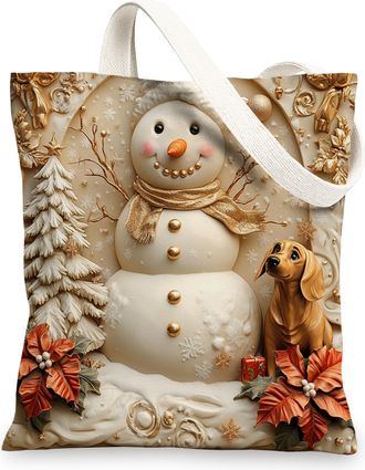 Generic Relief Christmas Dachshund Dog Canvas Tote Bag for Shopping 13x15, Snowman Xmas Puppy Pet Reusable Grocery Print Bag for Women Men, Winter Aesthetic P