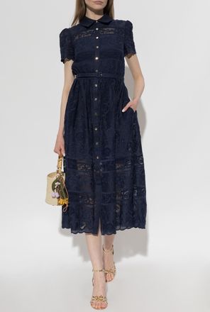 Self Portrait Lace Dress With Belt, Womens, Navy Blue