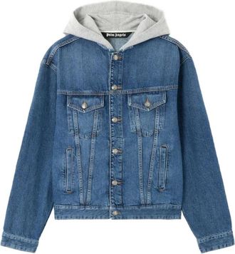 Palm Angels Curved Logo Denim Jacket - Heren - Spijkerjassen - Blauw - S - Denim - Jassen