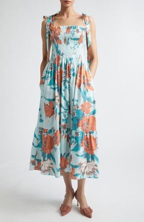 Erdem Floral Tiered Cotton Midi Sundress in Trailing Poppy Dream Blue at Nordstrom, Size 14