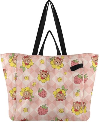 Generic Strawberry Bear Pink pattern Reusable Canvas Tote Bag, Heavy Duty Grocery Shopping Bag with Large Capacity Double Handles Hard Bottom Work Groceries T