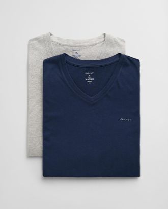 GANT Kurzarmshirt GANT V-NECK T-SHIRT 2-PACK, Herren, Gr. L, blau (light grau mel, navy), Web, Obermaterial: 100% Baumwolle, regular fit normal, V-Ausschni