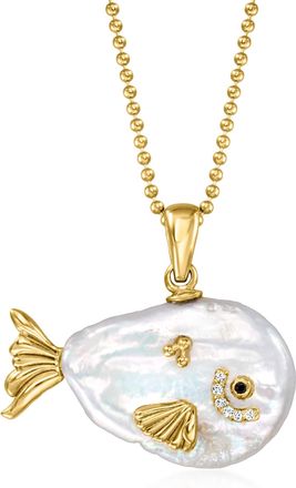 Ross-Simons 4-20mm Cultured Baroque Pearl Fish Pendant Necklace With White Topaz and Single Black Spinel in 18kt Gold Over Sterling