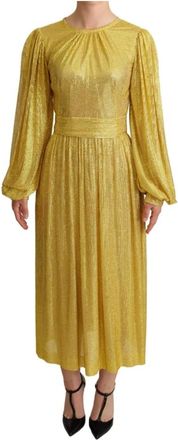 Dolce & Gabbana Crystal Mesh Geplooide Maxi Jurk - Dames - Avondkleed - Geel - XS - Katoen - Kleedjes