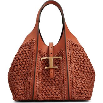 Tod's Mini T Timeless Crochet Raffia & Leather Tote in Mattone/Terracotta at Nordstrom