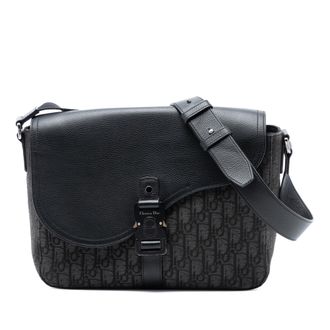 Dior Voorafbezit Medium Oblique Canvas en Geweven Kalfsleer Zadel Schoudertas Met Flap