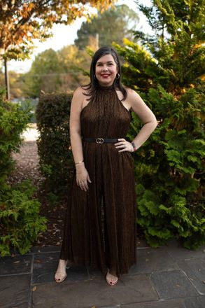 Greek Archaic Kori Metallic Pleats Wild Leg Jumpsuit In Bronze/black