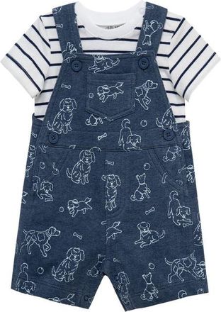 Little Me Puppies Overalls & Stripe T-Shirt Set in Blue at Nordstrom, Size 12M