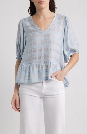 Bobeau Stripe Ruffle Hem Balloon Sleeve Top in Blue at Nordstrom Rack, Size X-Large