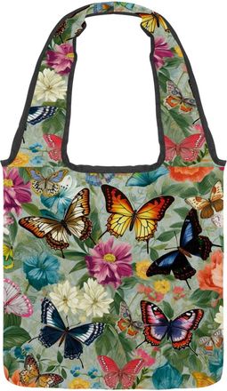 Generic Butterflies Flying Around Flowers Reversible Canvas Shoulder Tote - Double-Sided Print, 12oz Cotton, 27cm Drop, Fold-Flat Bag for Travel, Shopping, St