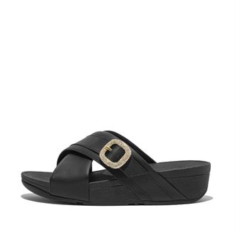 FitFlop Womens Lulu Crystal-Buckle Leather Cross Slides In Black
