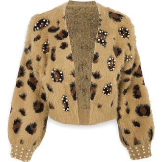 Saachi Leopard Spot Embellished Cardigan in Brown at Nordstrom Rack