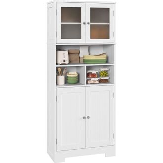 HOMCOM Homcom Alacena De Cocina Mueble Auxiliar De Cocina Con 2 Puertas De Vidrio Estantes Ajustables Y Compartimentos Abiertos 60x30x145,5 Cm Blanco