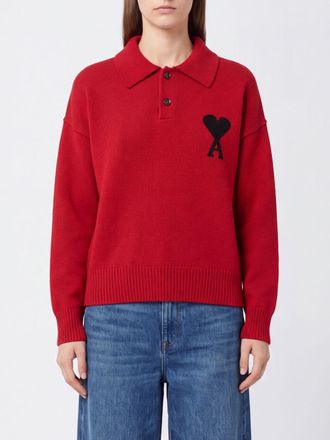 Ami Polo in maglia di lana a maniche lunghe con logo a contrasto