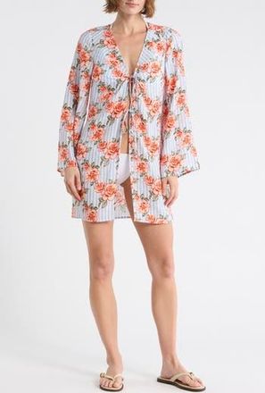 Hutch Tie Front Long Sleeve Cover-Up in Coral Strpd Grnd Spcs Rse at Nordstrom Rack, Size Medium