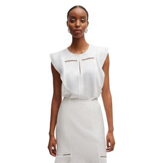 HUGO BOSS Damesblouse met sleutelgat en normale pasvorm en ruches (Wit)