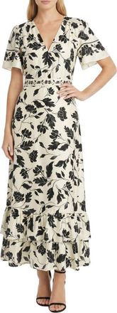 Maggy London Flutter Sleeve Tiered Ruffle Maxi Dress in Ivory/Black at Nordstrom Rack, Size 10