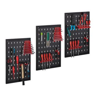 Relaxdays Relaxdays - 3 Paneles Perforados Herramientas, Tableros Pared Taller 17 Piezas, 60 X 39 Cm, Portaherramientas, Negro/rojo