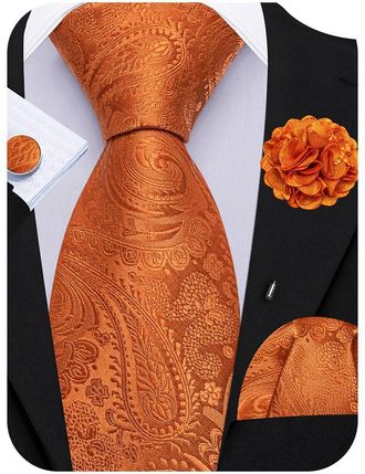 Barry.Wang Mens Orange Tie Set for Wedding Silk Paisley Necktie Pocket Square Cufflinks and Lapel Pin Brooch Set