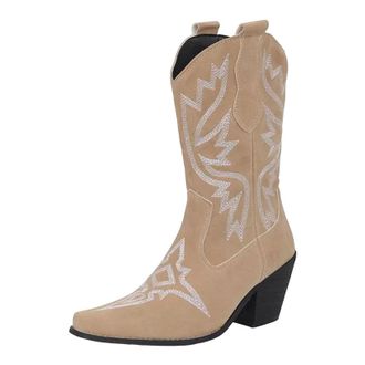 Generic Womens Western Mid Calf Boots Square Toe High Block Heel Slip On With Retro Embroidery Leisure Style Footwear