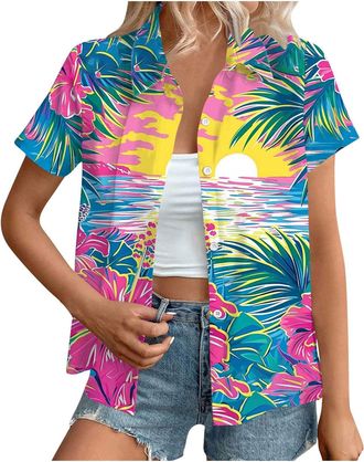 Generic Hawaiian Button Down Shirts Women Sale,Summer Floral Printed Short Sleeve Blouses 2025 Trendy Loose Lapel Soft Cool Beach Vacation Tops Boho Going Out