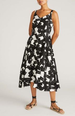Universal Standard Sunshower Abstract Print Linen Blend Midi Dress in Ipanema Print In Black at Nordstrom, Size 4Xl