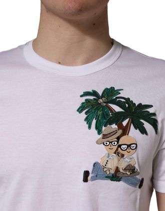 Dolce & Gabbana White Palm Embroidered Men Crew Neck Mens T-shirt